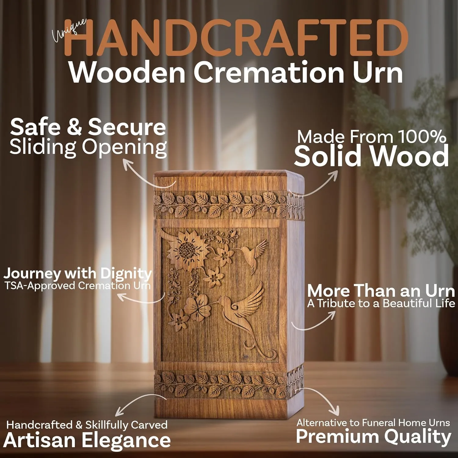 INTAJ Handcarved Rosewood Hummingbird Keepsake Urn for Human Ashes - Mini 20 lbs Capacity Floral Wooden Cremation Urn Box for Sharing or Infant - Decorative Memorial Casket Secure TSA Approved