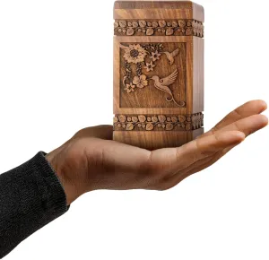 INTAJ Handcarved Rosewood Hummingbird Keepsake Urn for Human Ashes - Mini 20 lbs Capacity Floral Wooden Cremation Urn Box for Sharing or Infant - Decorative Memorial Casket Secure TSA Approved