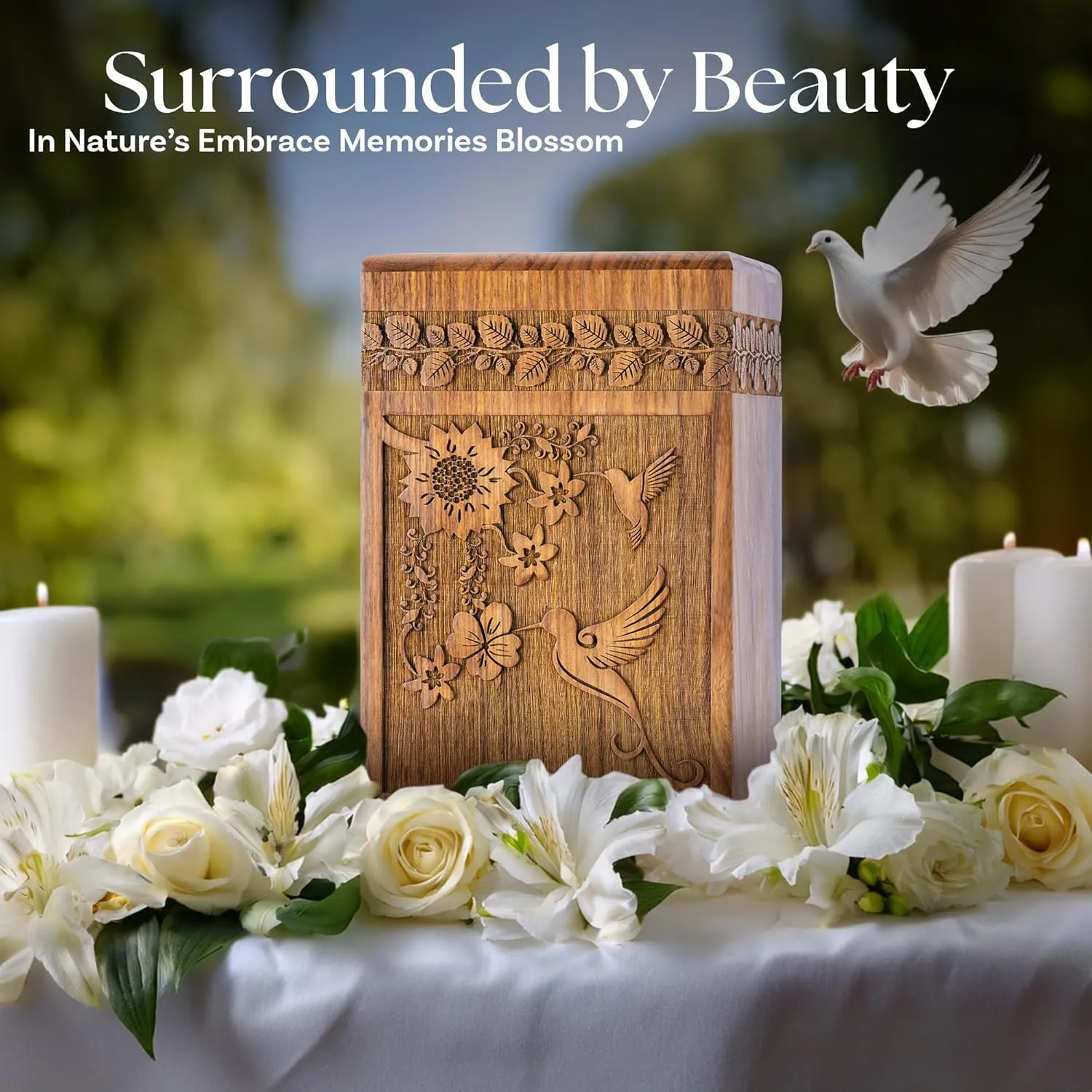 INTAJ Handcarved Rosewood Hummingbird Keepsake Urn for Human Ashes - Mini 20 lbs Capacity Floral Wooden Cremation Urn Box for Sharing or Infant - Decorative Memorial Casket Secure TSA Approved