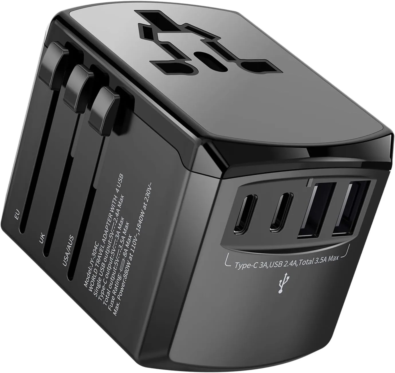International European Travel Plug Adapter - Universal Travel Plug Adapter for US EU UK Europe Spain Australia Switzerland Ireland Italy Worldwide 2 Type-A and 2 Type-C Black