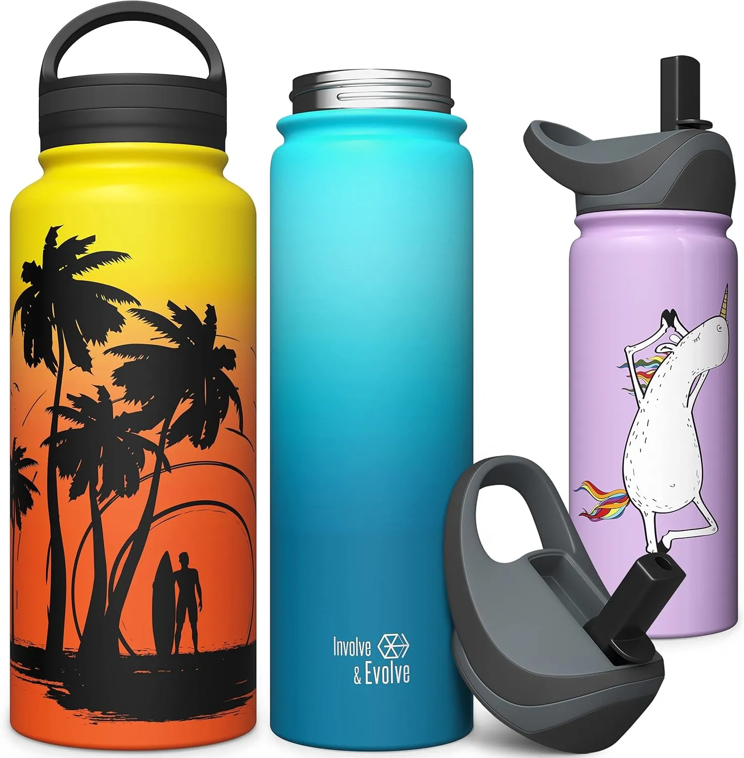 Involve & Evolve Insulated Water Bottle with 2 Lids (Straw Lid) Reusable Double Walled Wide Mouth Stainless Steel Kids Flask Thermos 18oz 24oz 32oz 40oz