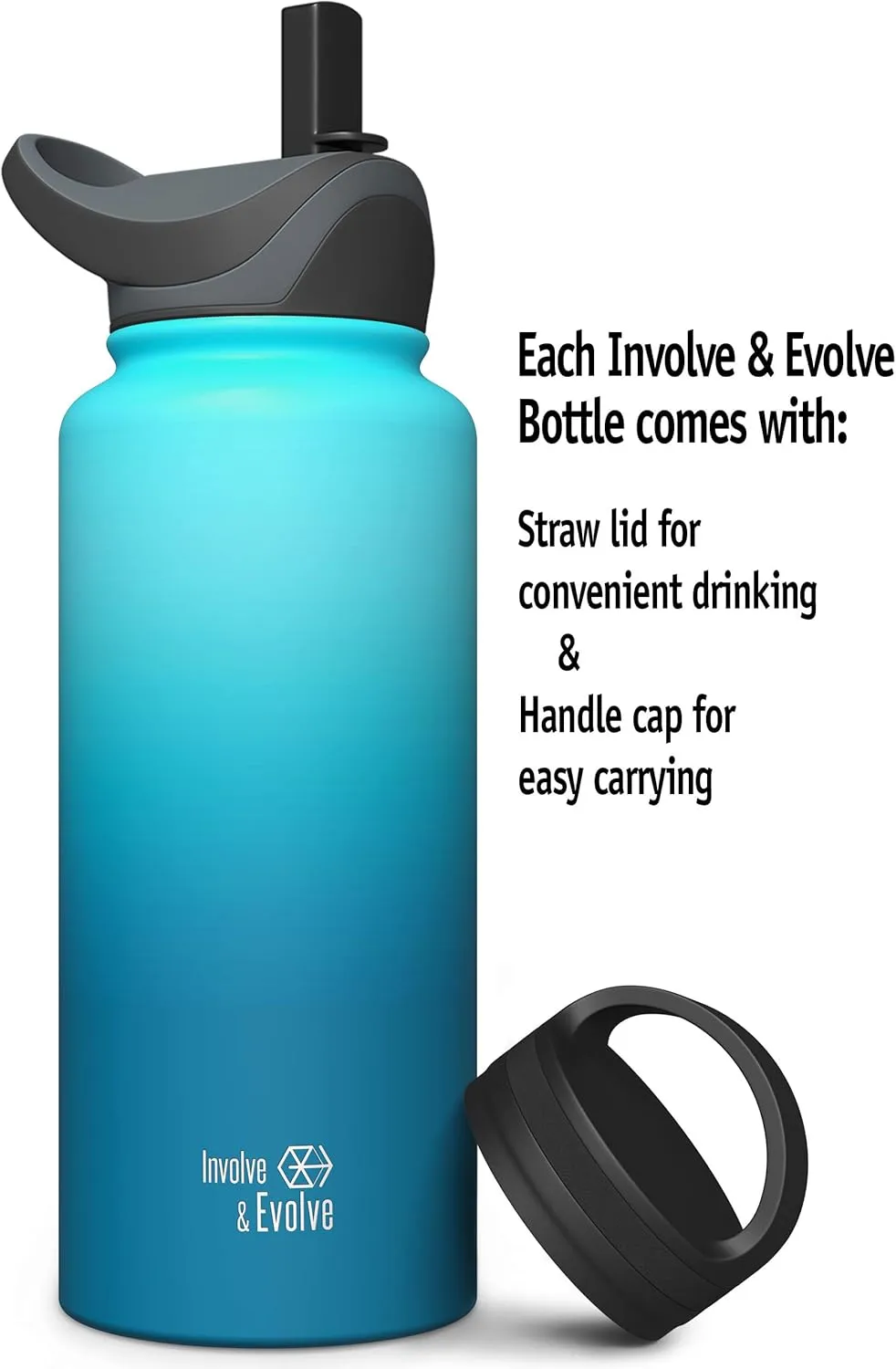 Involve & Evolve Insulated Water Bottle with 2 Lids (Straw Lid) Reusable Double Walled Wide Mouth Stainless Steel Kids Flask Thermos 18oz 24oz 32oz 40oz