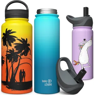 Involve & Evolve Insulated Water Bottle with 2 Lids (Straw Lid) Reusable Double Walled Wide Mouth Stainless Steel Kids Flask Thermos 18oz 24oz 32oz 40oz