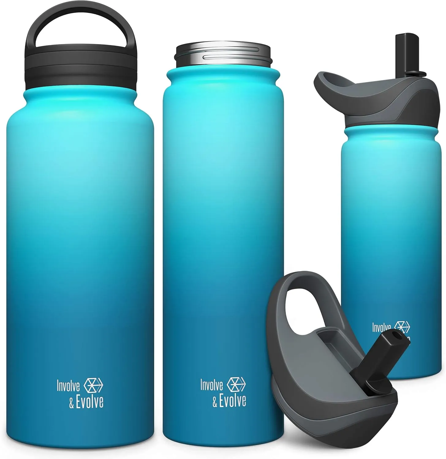Involve & Evolve Insulated Water Bottle with 2 Lids (Straw Lid) Reusable Double Walled Wide Mouth Stainless Steel Kids Flask Thermos 18oz 24oz 32oz 40oz