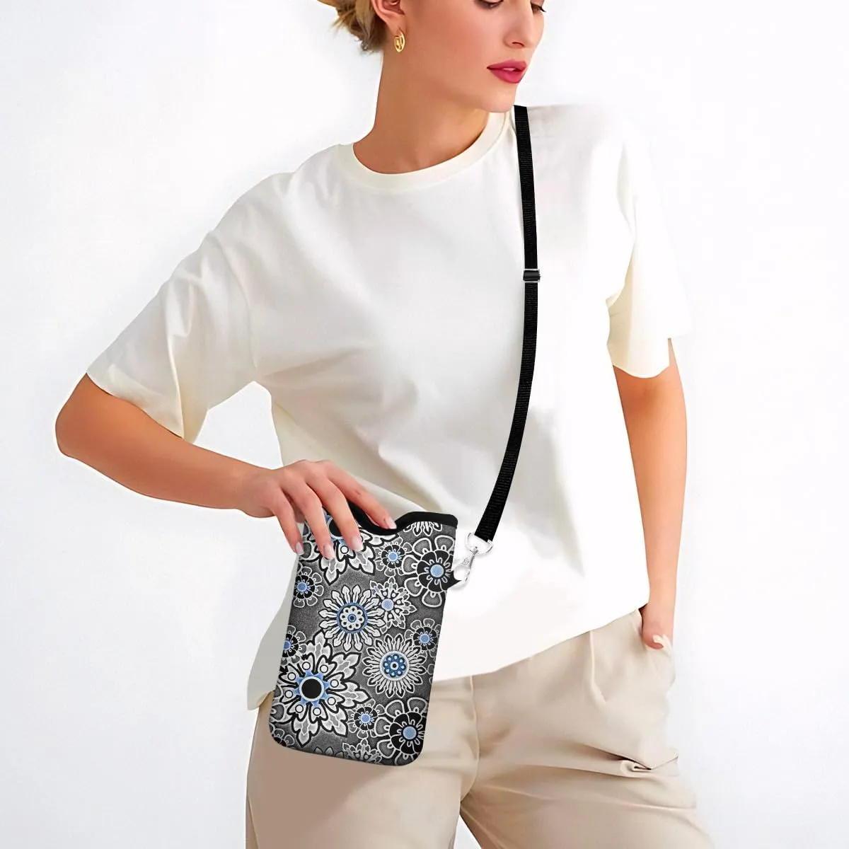IRADA Neoprene Cell Phone Sleeve Pouch Case Bag with Crossbody Strap Neck Lanyard for Women Men 7.6 X 4.3 Inches-Vintage Boho-Grey Shockproof Universal Phone Bag