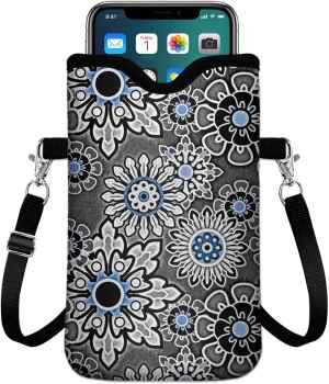 IRADA Neoprene Cell Phone Sleeve Pouch Case Bag with Crossbody Strap Neck Lanyard for Women Men 7.6 X 4.3 Inches-Vintage Boho-Grey Shockproof Universal Phone Bag