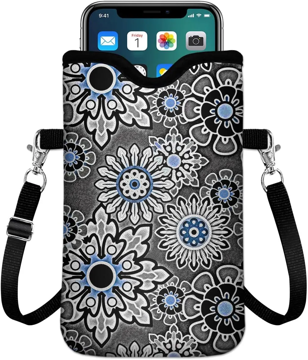 IRADA Neoprene Cell Phone Sleeve Pouch Case Bag with Crossbody Strap Neck Lanyard for Women Men 7.6 X 4.3 Inches-Vintage Boho-Grey Shockproof Universal Phone Bag