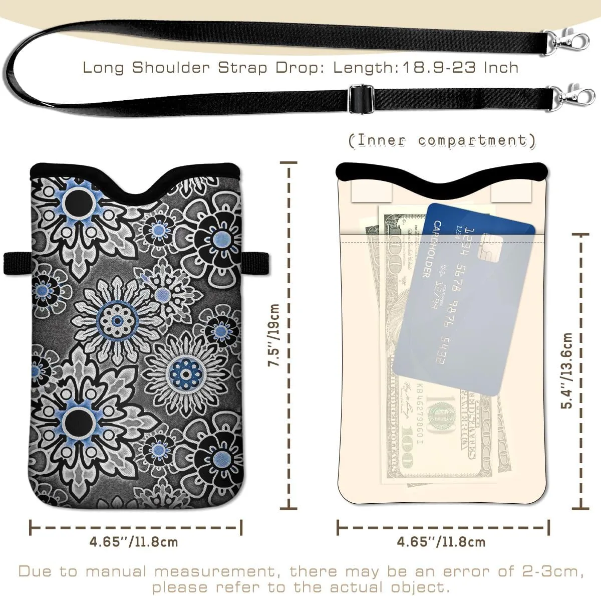 IRADA Neoprene Cell Phone Sleeve Pouch Case Bag with Crossbody Strap Neck Lanyard for Women Men 7.6 X 4.3 Inches-Vintage Boho-Grey Shockproof Universal Phone Bag