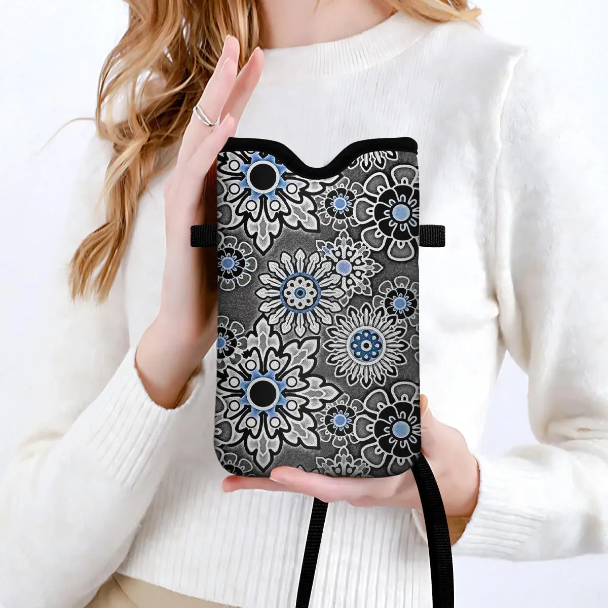 IRADA Neoprene Cell Phone Sleeve Pouch Case Bag with Crossbody Strap Neck Lanyard for Women Men 7.6 X 4.3 Inches-Vintage Boho-Grey Shockproof Universal Phone Bag