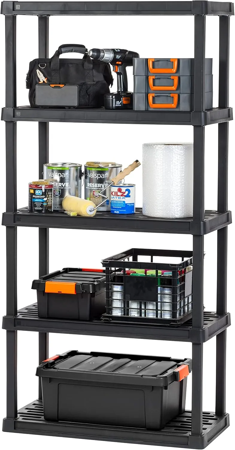 IRIS USA 5-Shelf Heavy Duty Plastic Storage Shelves, 500lb Capacity, 73"H x 36"W x 18"D, Large Modular Shelving Unit Storage Organizer for Garage, Home, Bathroom & Laundry, Storage Rack - Black