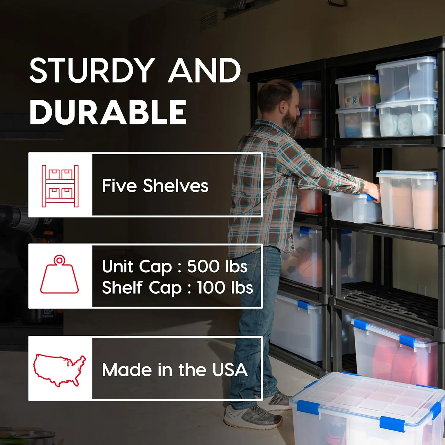 IRIS USA 5-Shelf Heavy Duty Plastic Storage Shelves, 500lb Capacity, 73"H x 36"W x 18"D, Large Modular Shelving Unit Storage Organizer for Garage, Home, Bathroom & Laundry, Storage Rack - Black