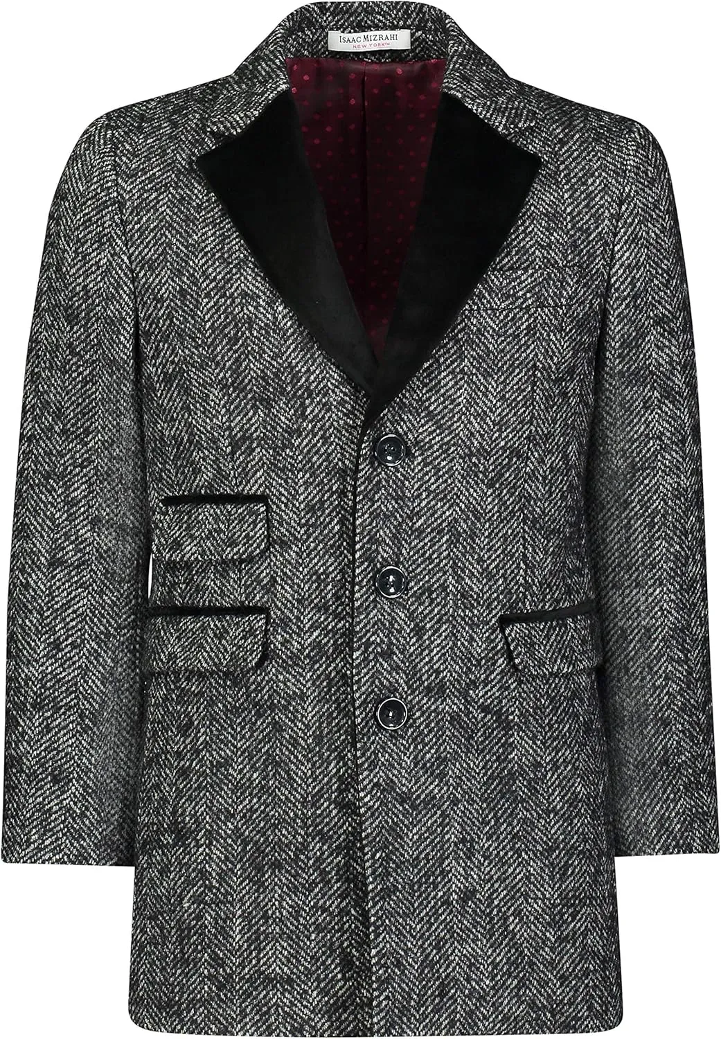 Isaac Mizrahi Boy's 2-20 Single Breasted Velvet Lapel Herringbone Wool Overcoat