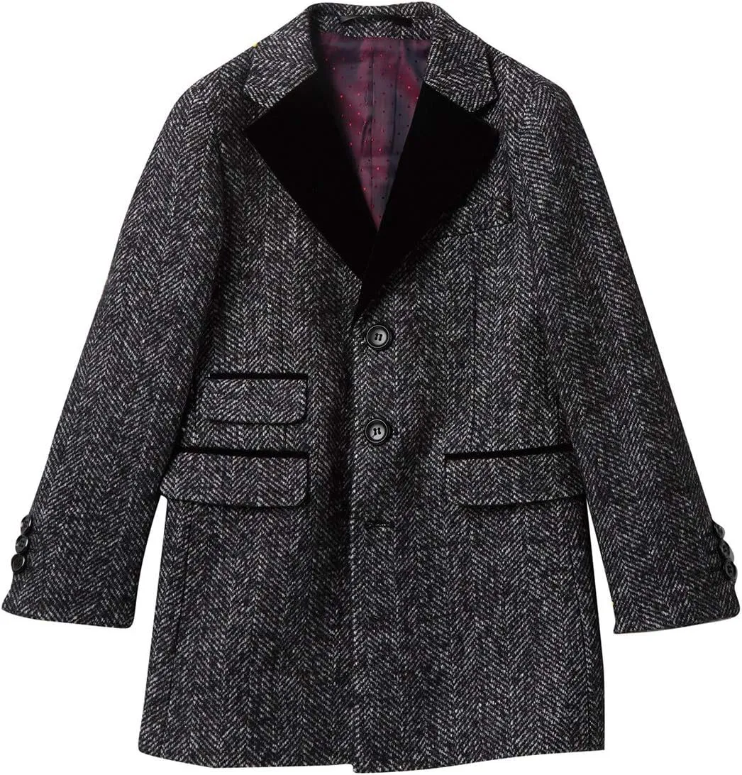 Isaac Mizrahi Boy's 2-20 Single Breasted Velvet Lapel Herringbone Wool Overcoat