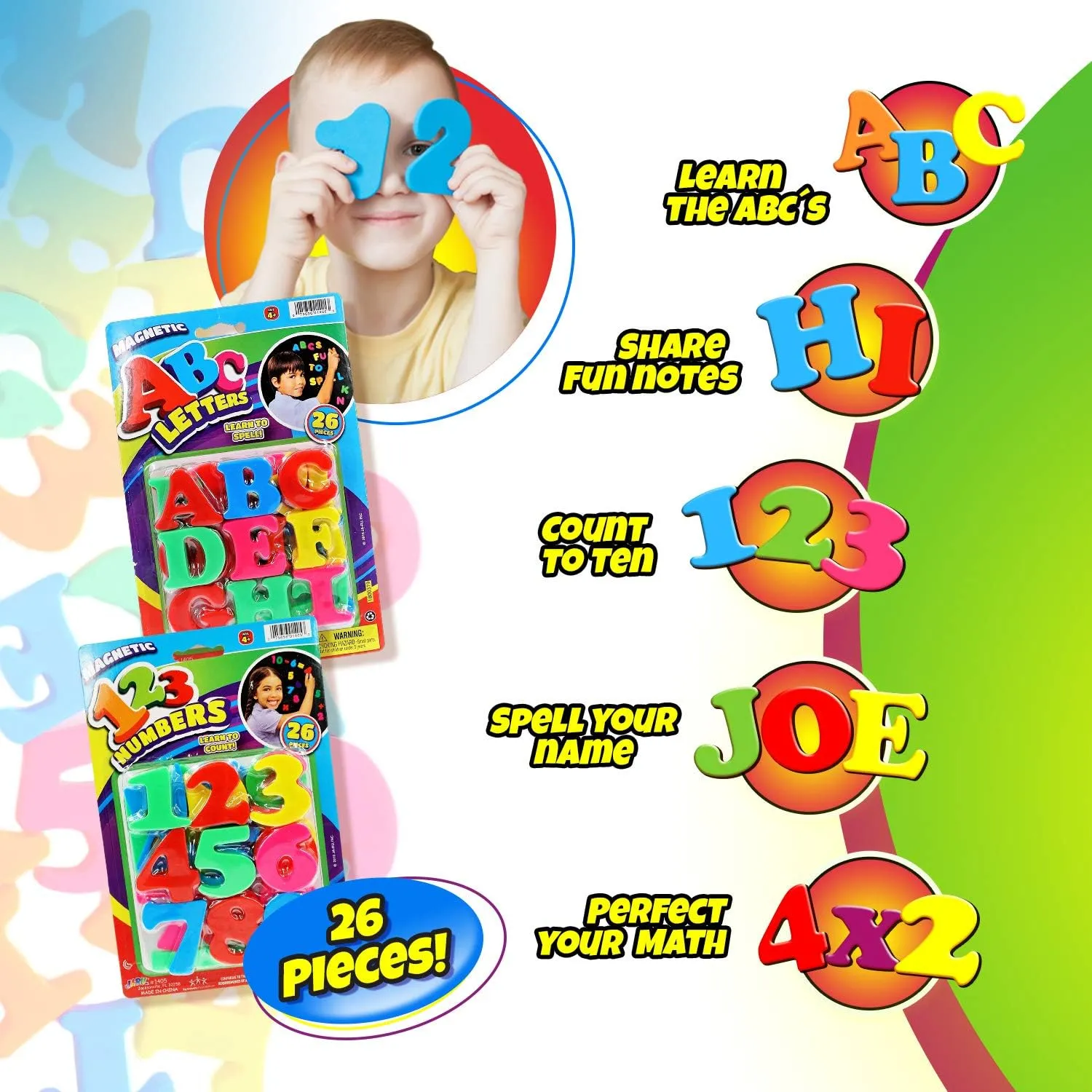 JA-RU Magnetic Letters and Numbers (6 Packs) Fun Colorful Fridge Magnets for Kids. Counting Number & Alphabet Learning Toys. Preschool & Kindergarten School Supplies. (4) ABC-(2) 123-1405-6s