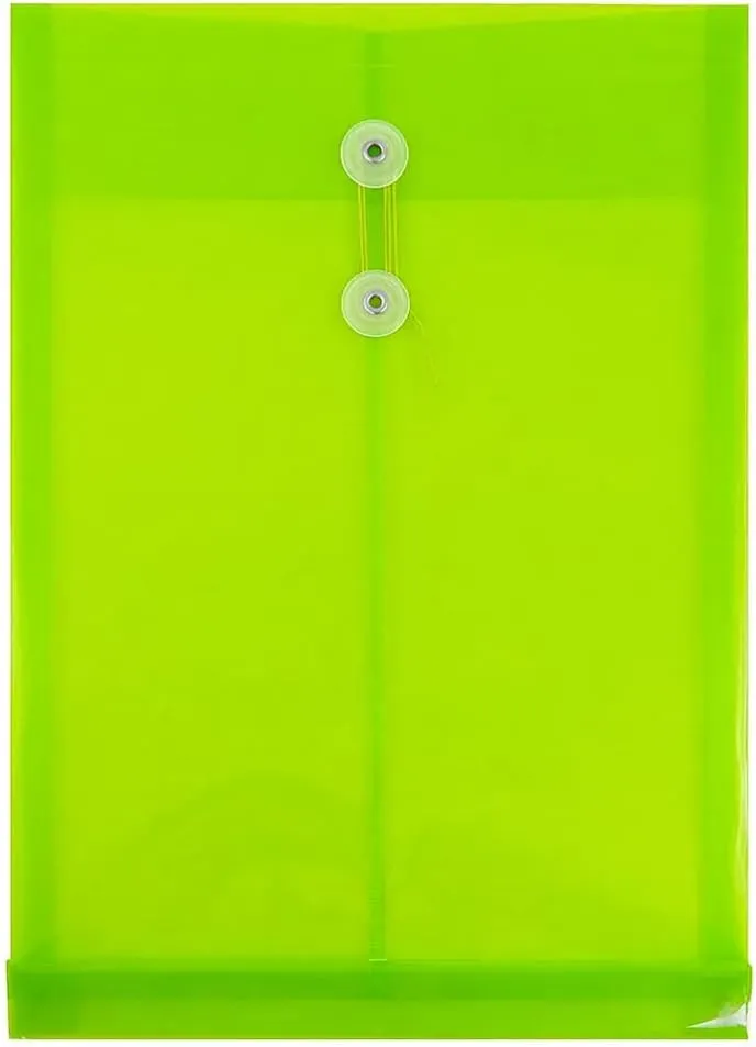 JAM PAPER Plastic Envelopes with Button & String Tie Closure - Legal Open End - 9 3/4 x 14 1/2 - Lime Green - 12/Pack