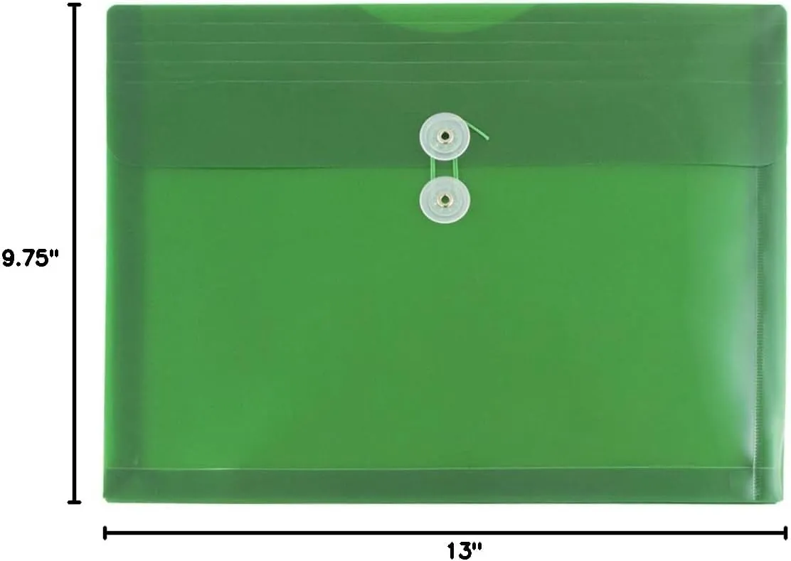 JAM PAPER Plastic Envelopes with Button & String Tie Closure - Letter Booklet - 9 3/4 x 13 - Green - 12/Pack