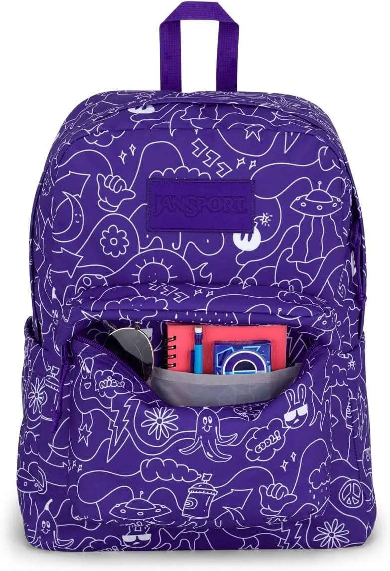 JanSport SuperBreak Plus Backpack with Padded 15-inch Laptop Sleeve and Integrated Bottle Pocket - Spacious and Durable Daypack for Work and Travel - Dub Doodle Purple