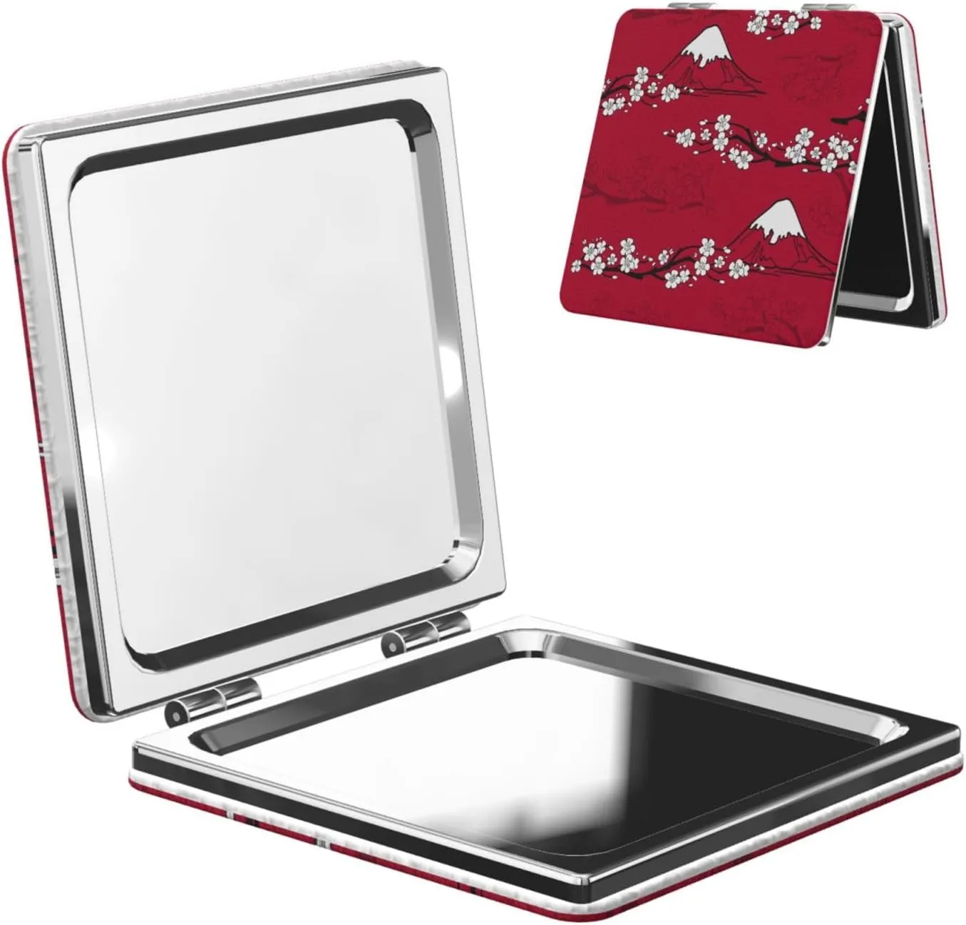 Japanese Fujisan Pattern Red Women Handheld Makeup Mirror Portable Compact Mirror Folding Mini Cosmetic Mirror