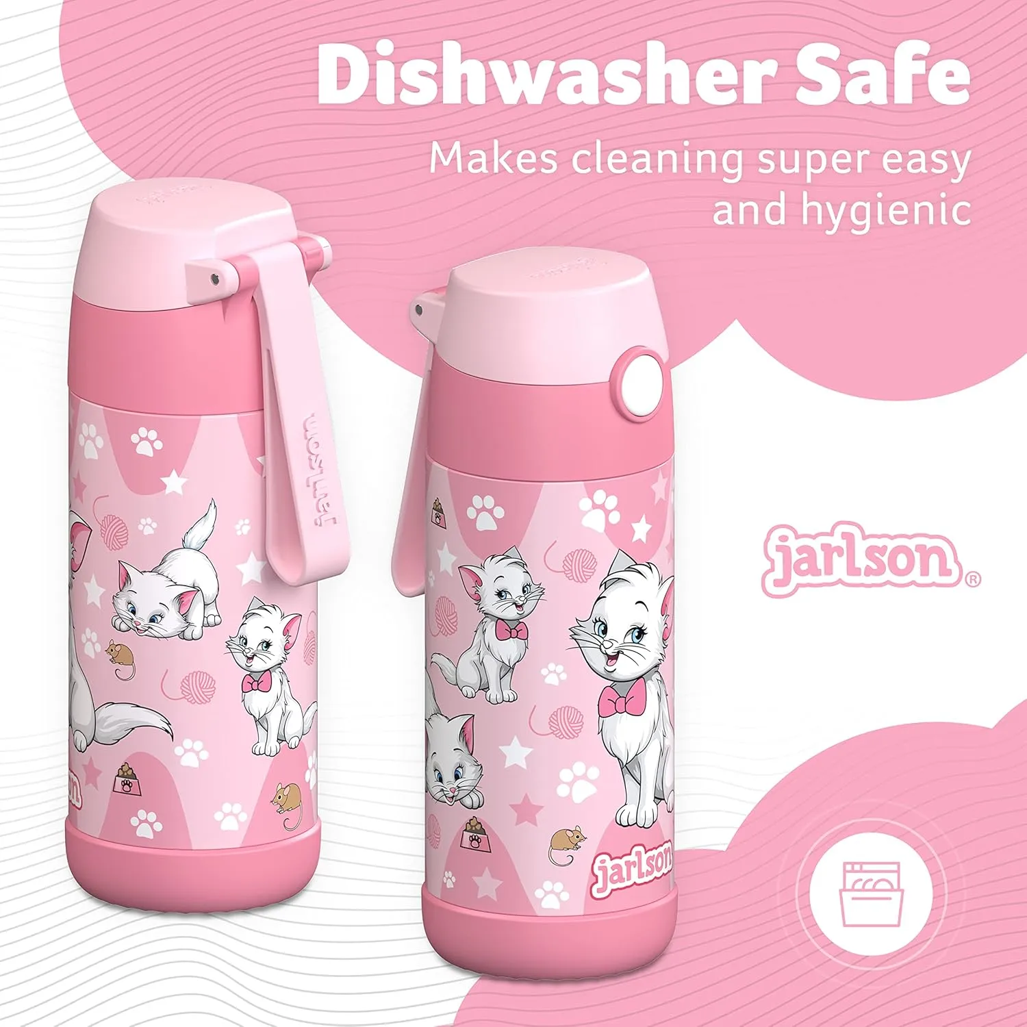 Jarlson® Mali Children's Water Bottle, Thermal Stainless Steel Water Bottle, BPA-Free, Leak-Proof, Children's Bottle with Chug Lid, Bottle for School, Nursery (Cat 'Star', 350 ml)