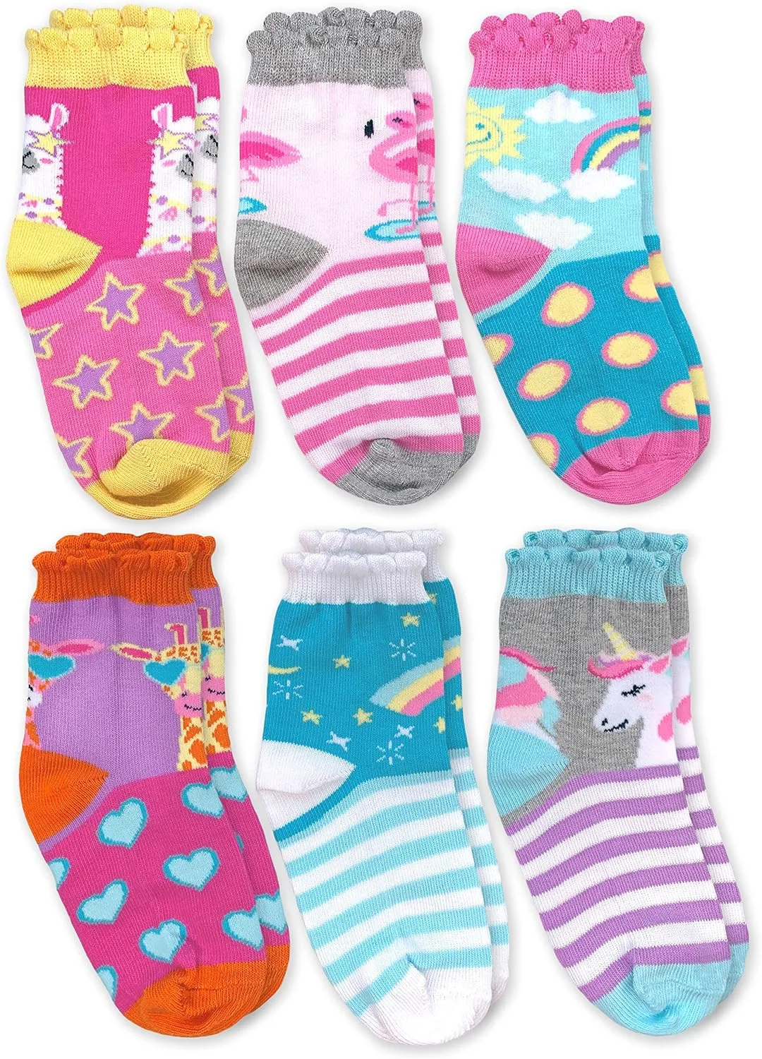 Jefferies Socks Girl's Unicorn Llama Giraffe Flamingo Novelty Pattern Crew Socks 6 Pack