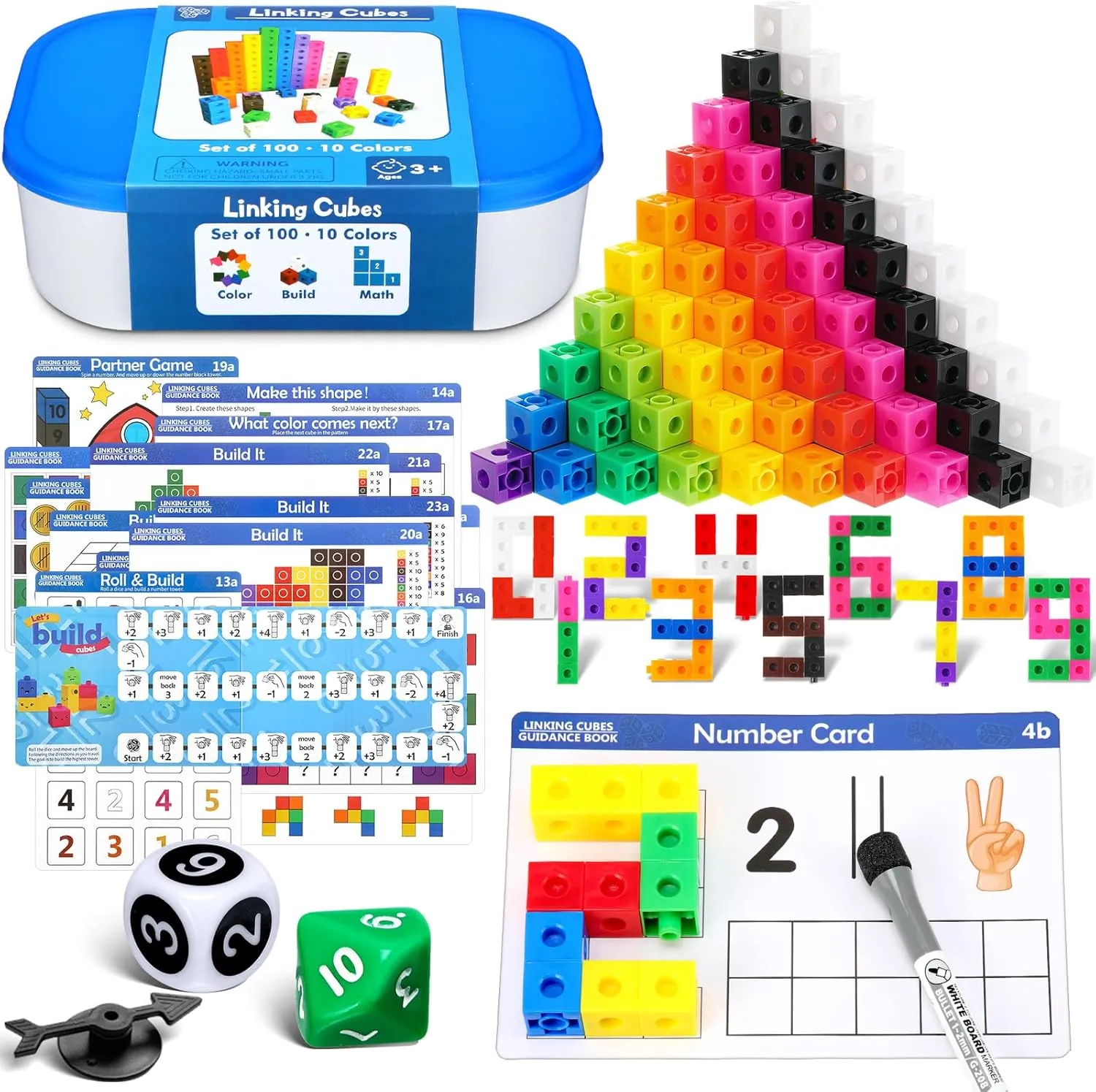 Jenaai 132 Pcs Math Cubes Math Manipulatives Activity Set, Number Linking Cubes Counting Toys with Storage Box and STEM Cards, Linking Cube Connecting Blocks for Kids Kindergarten Learning Activities