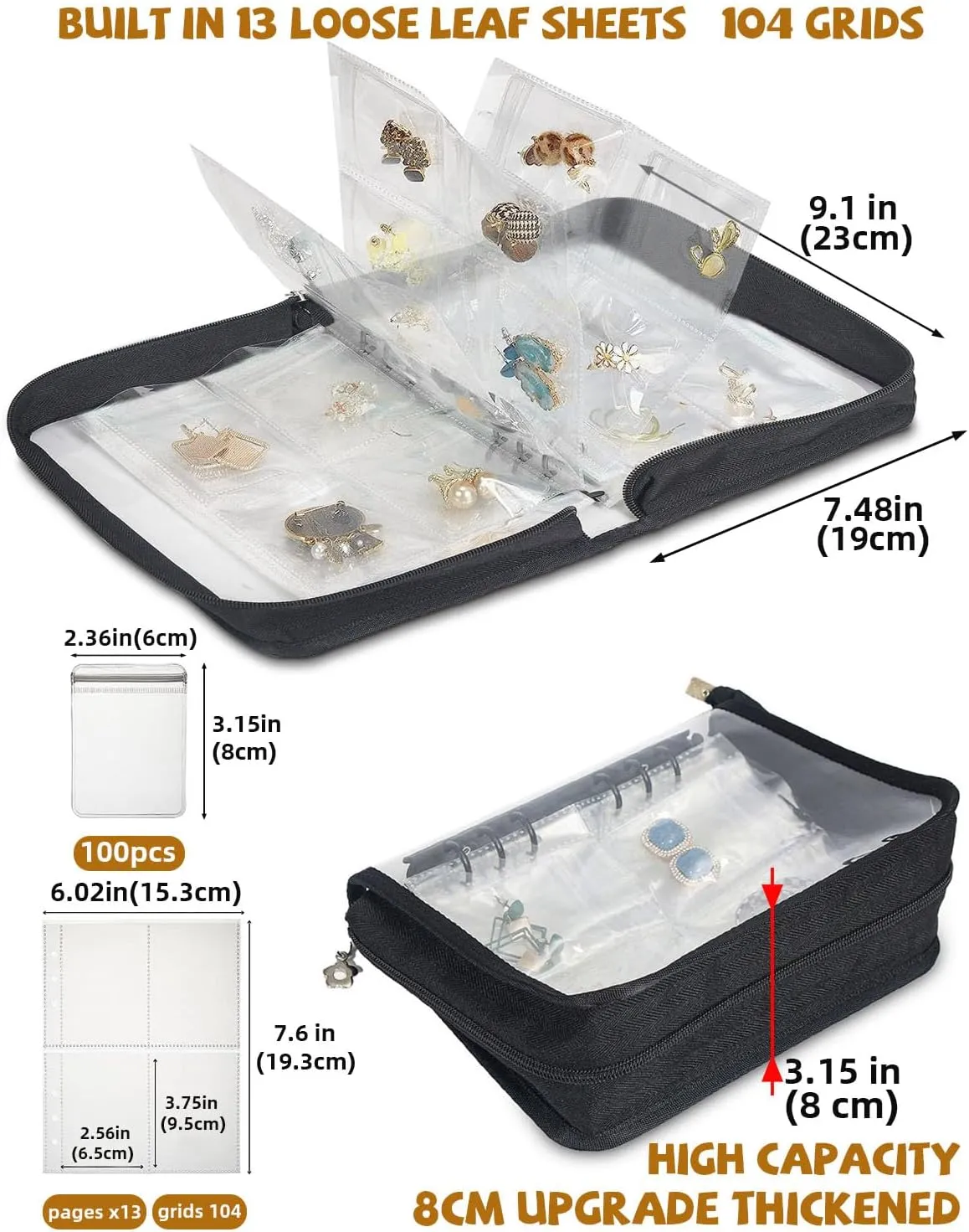 Jewelry Organizer Travel Earring Organizer Case Transparent Jewelry Storage Book for Earring, Necklace, Ring, With pvc Jewelry Pouches Zipper Bags
