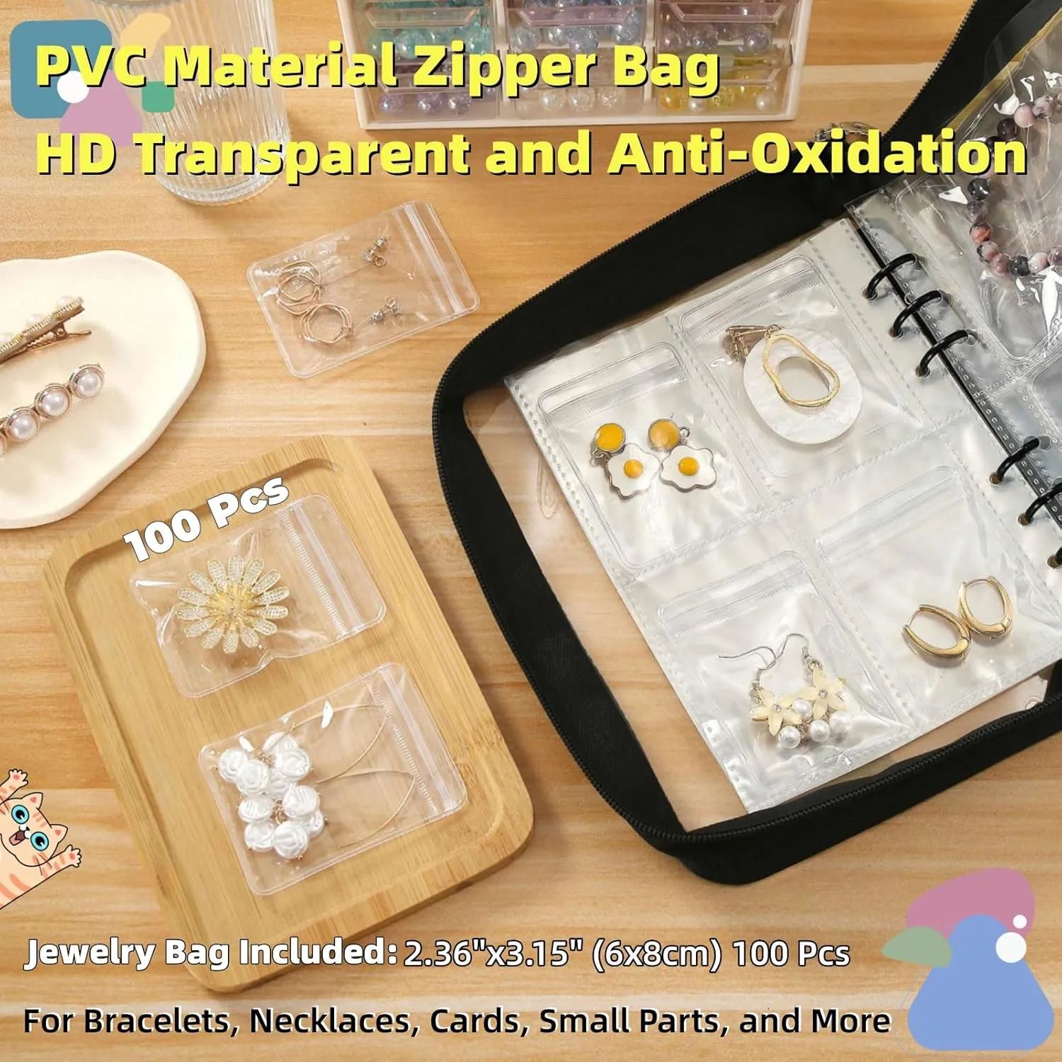 Jewelry Organizer Travel Earring Organizer Case Transparent Jewelry Storage Book for Earring, Necklace, Ring, With pvc Jewelry Pouches Zipper Bags