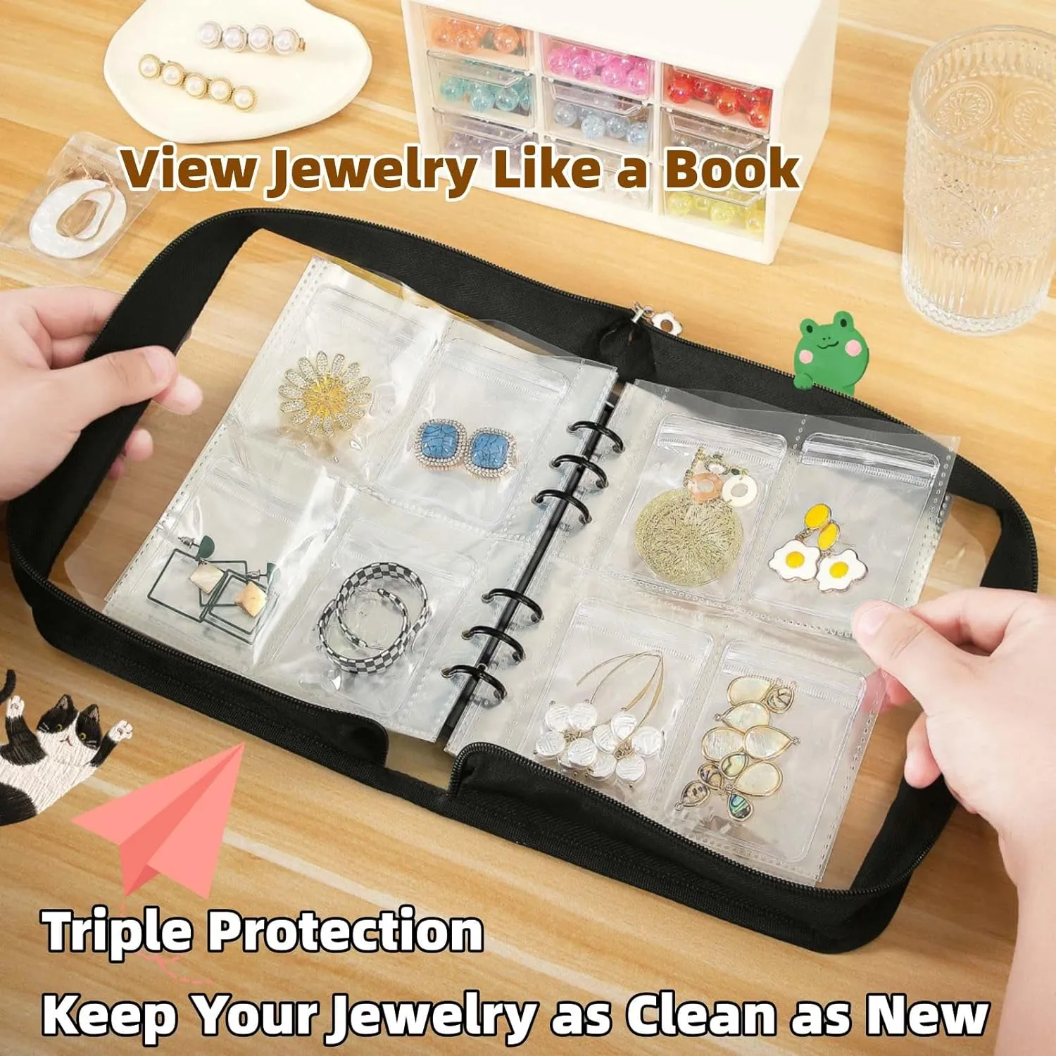 Jewelry Organizer Travel Earring Organizer Case Transparent Jewelry Storage Book for Earring, Necklace, Ring, With pvc Jewelry Pouches Zipper Bags
