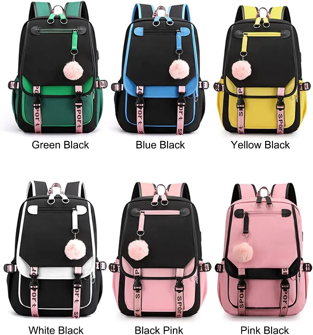 JiaYou Teenage Girls' Backpack Middle School Students Bookbag Outdoor Daypack with USB Charge Port (21 Liters, Green Black)