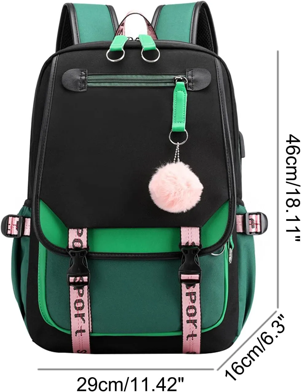 JiaYou Teenage Girls' Backpack Middle School Students Bookbag Outdoor Daypack with USB Charge Port (21 Liters, Green Black)