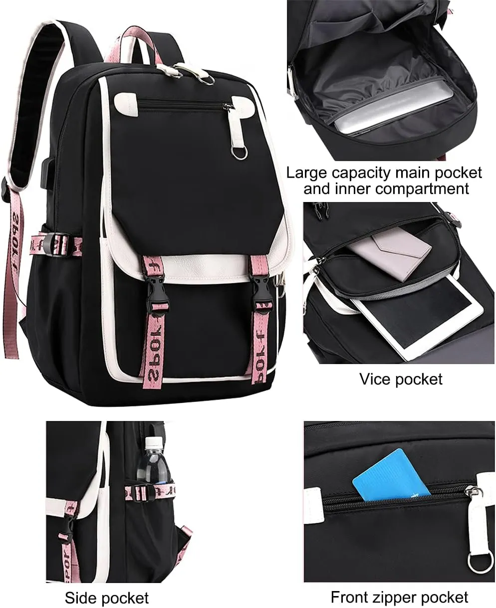 JiaYou Teenage Girls' Backpack Middle School Students Bookbag Outdoor Daypack with USB Charge Port (21 Liters, Green Black)