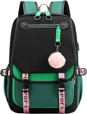 JiaYou Teenage Girls' Backpack Middle School Students Bookbag Outdoor Daypack with USB Charge Port (21 Liters, Green Black)