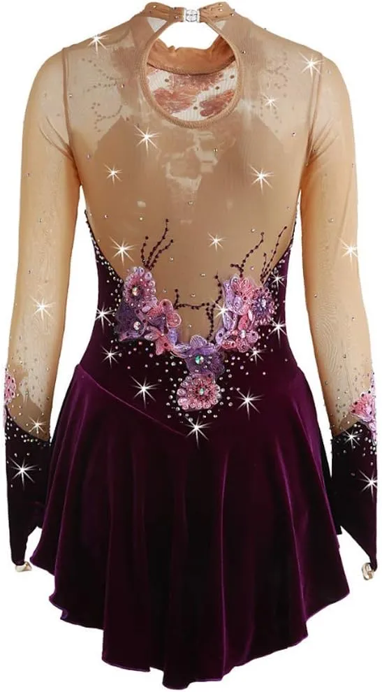 JRUIA Women's Girls' Velvet Ice Skating Dress Handmade Figure Skating Wear Crystals Gymnastics Ballet Competition Costumes