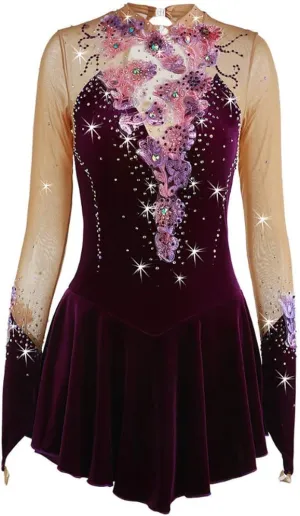 JRUIA Women's Girls' Velvet Ice Skating Dress Handmade Figure Skating Wear Crystals Gymnastics Ballet Competition Costumes