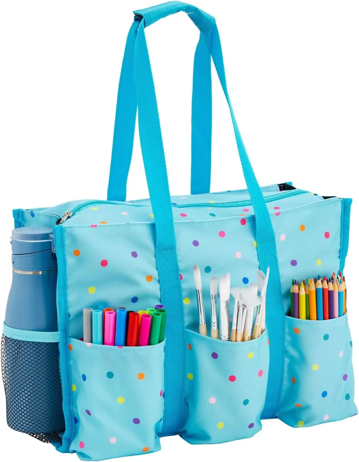 Juvale Utility Tote Bag with Pockets and Compartments - Zip Top All Purpose Travel Organizer for Teachers, Nurses, Women (Light Blue, 14.5 x 10.5 x 6 In)