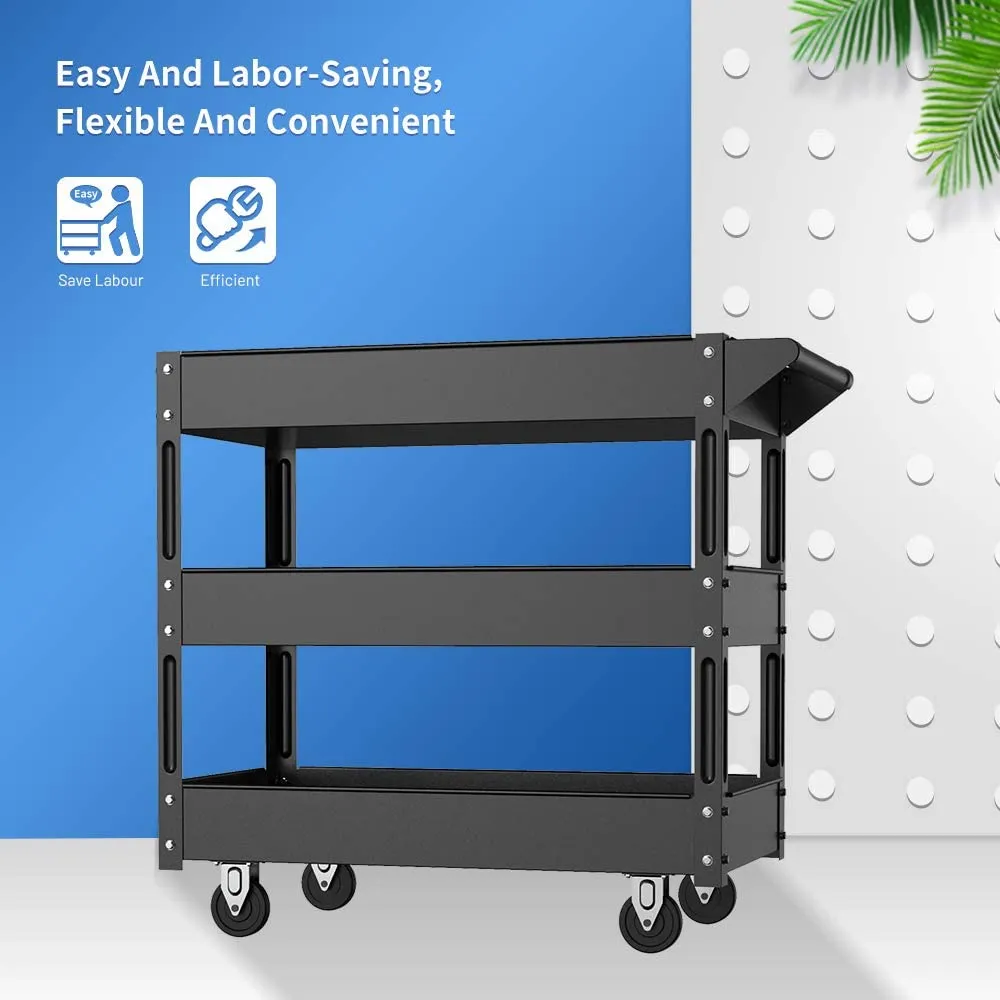 KAPAS Steel 3-Shelf Multipurpose Utility/Supply/Service/Tool Cart Great for Garage, Warehouse, Cleaning, Office & Workplace