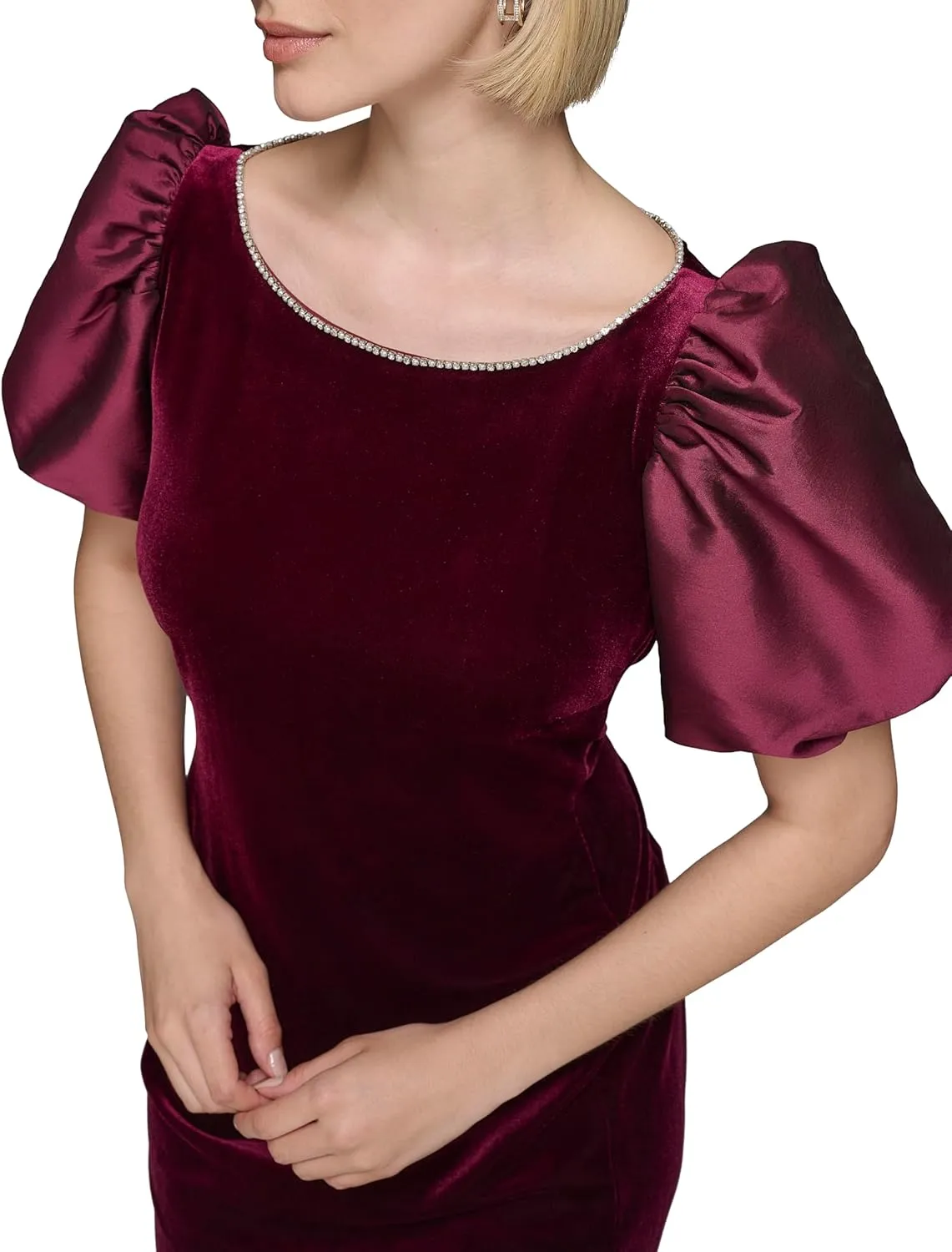 Karl Lagerfeld Paris Women's Round Neck Taffeta Puff Sleeve Stretch Velvet Body Sheath Dress