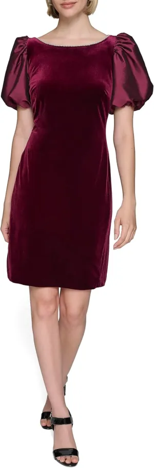 Karl Lagerfeld Paris Women's Round Neck Taffeta Puff Sleeve Stretch Velvet Body Sheath Dress