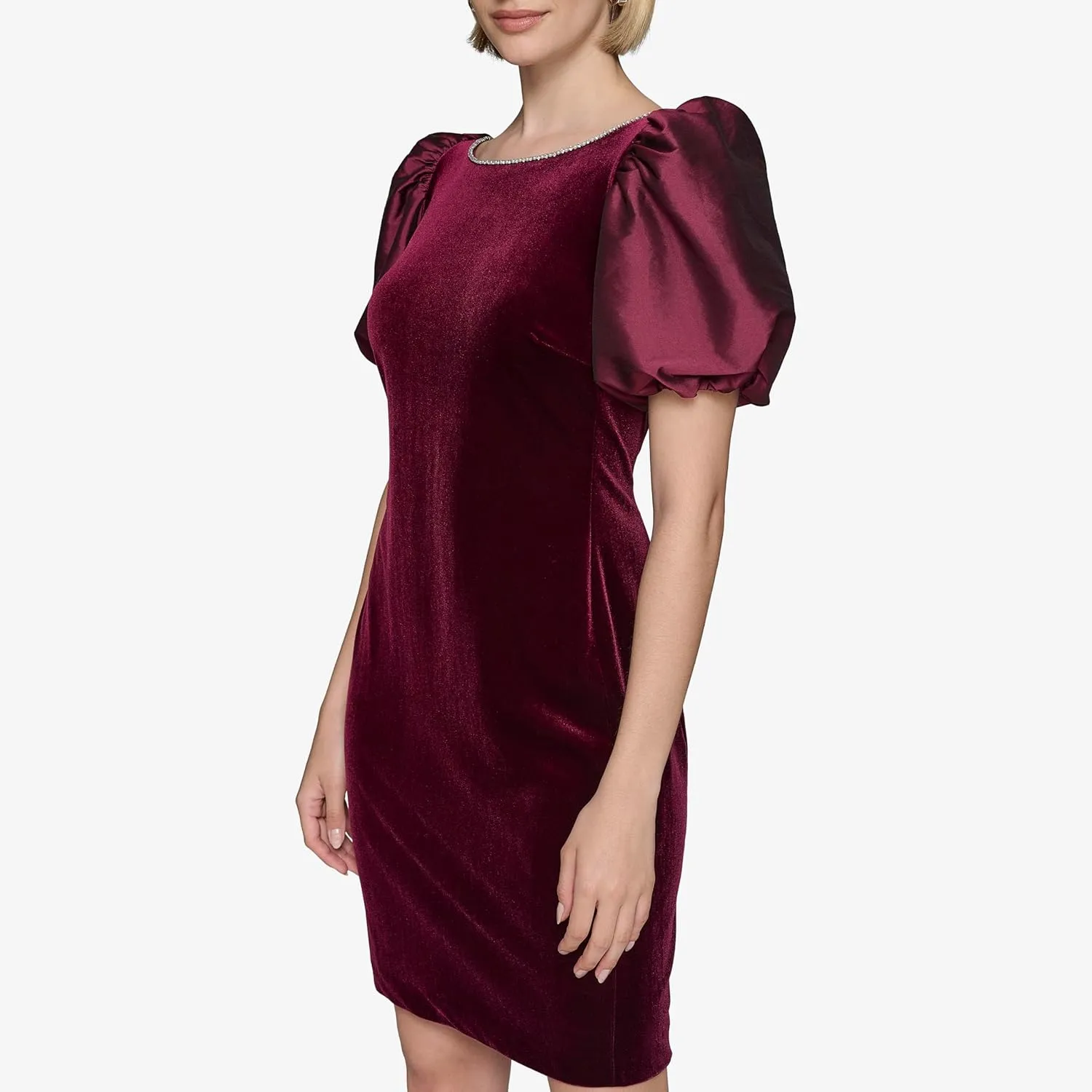 Karl Lagerfeld Paris Women's Round Neck Taffeta Puff Sleeve Stretch Velvet Body Sheath Dress