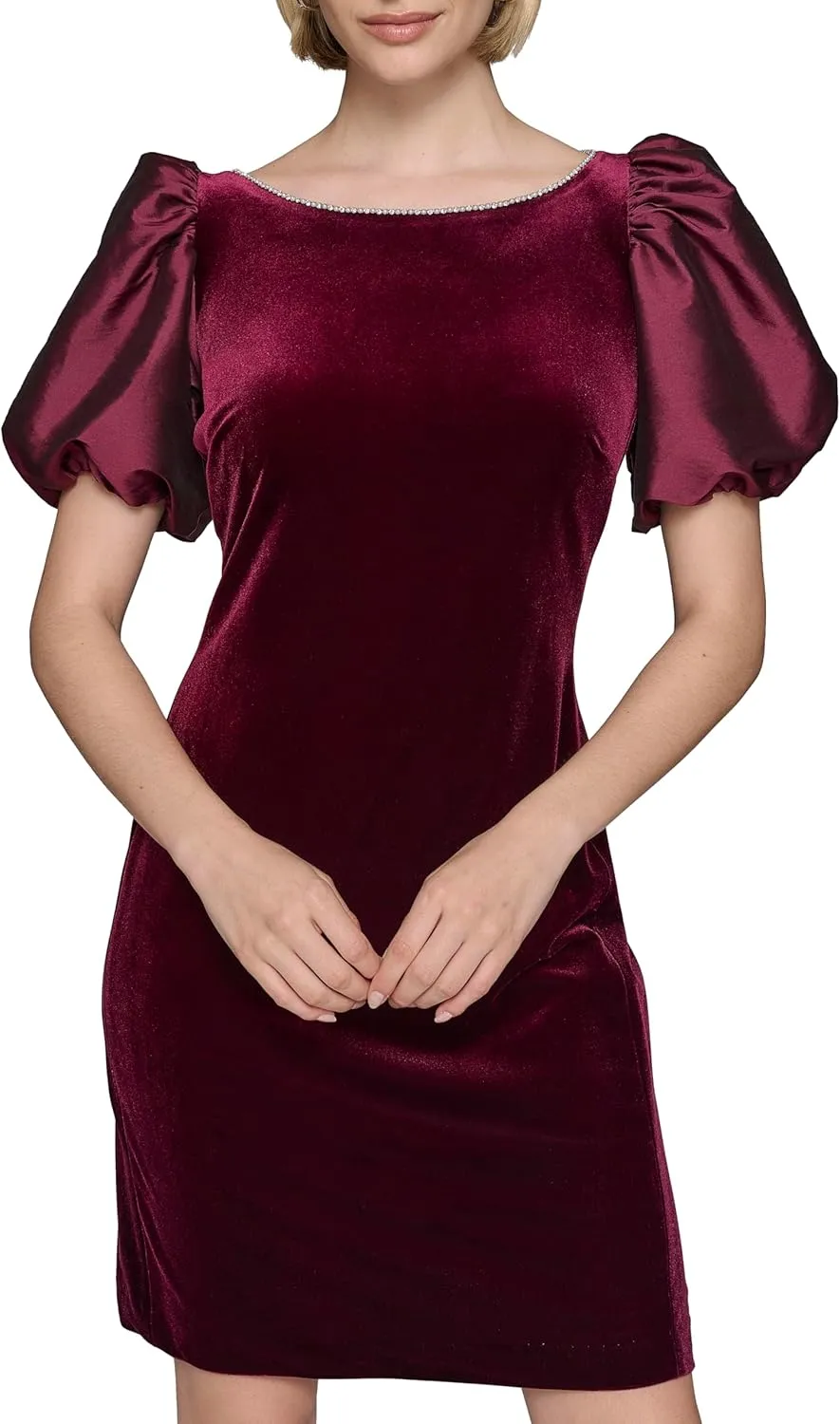 Karl Lagerfeld Paris Women's Round Neck Taffeta Puff Sleeve Stretch Velvet Body Sheath Dress