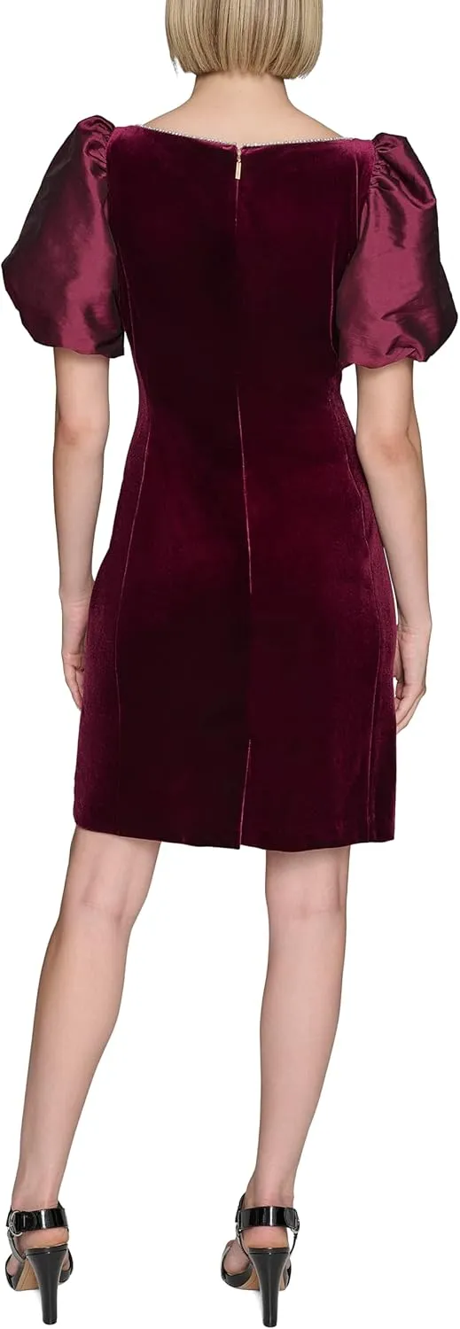 Karl Lagerfeld Paris Women's Round Neck Taffeta Puff Sleeve Stretch Velvet Body Sheath Dress
