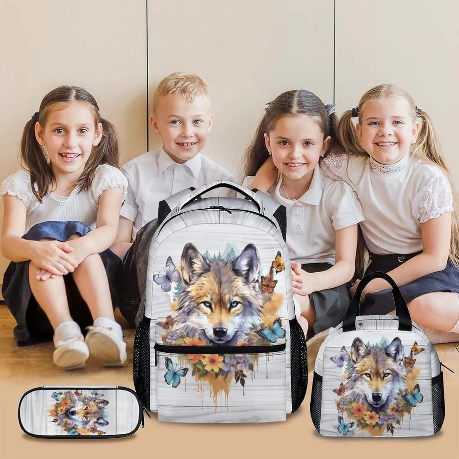Kids Backpack with Lunch Box Set for Boys Girls, Set of 3 Wolf School Backpacks Matching Combo, White Aesthetic Bookbag and Pencil Case Bundle, Back to School Supplies Gifts