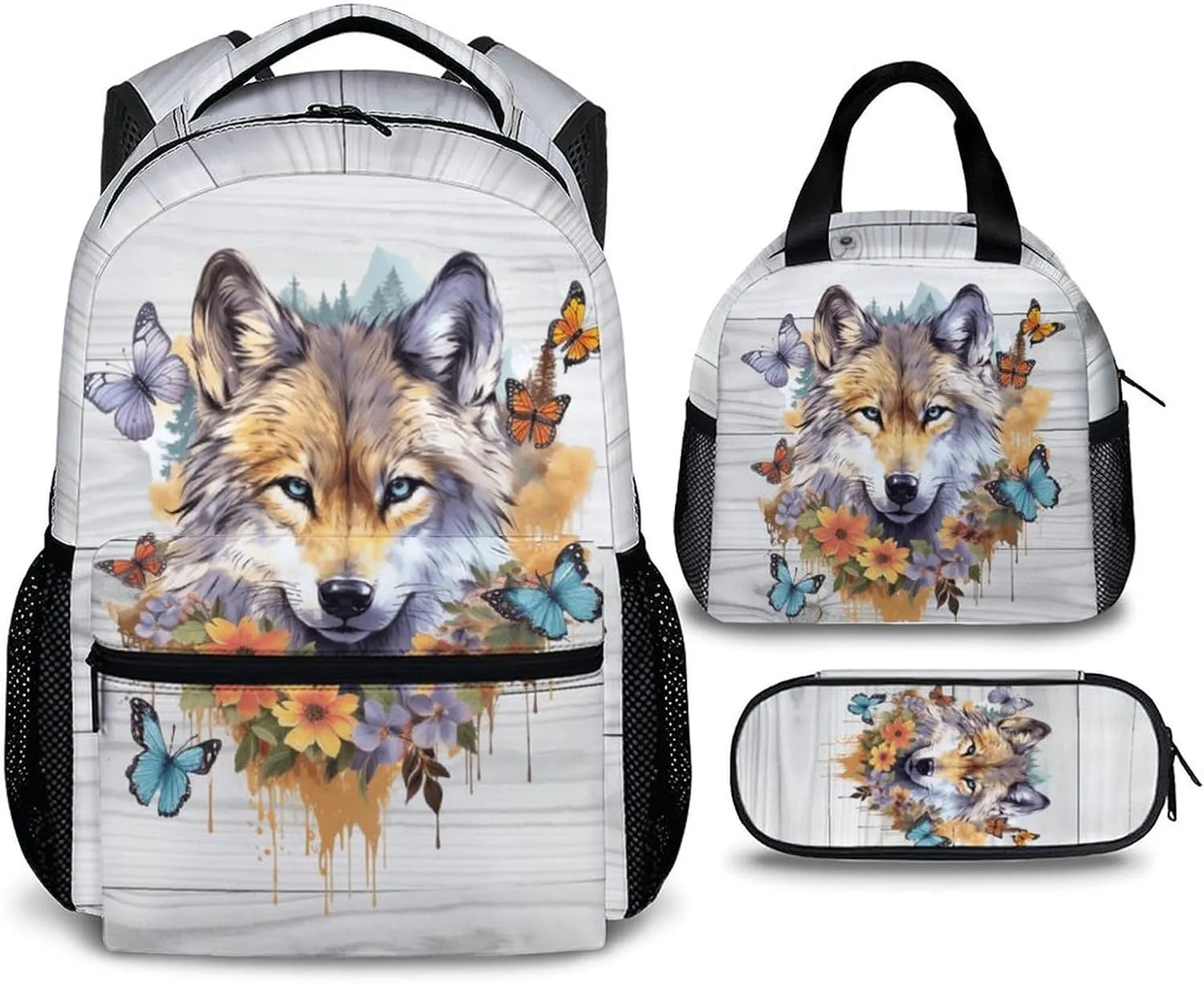 Kids Backpack with Lunch Box Set for Boys Girls, Set of 3 Wolf School Backpacks Matching Combo, White Aesthetic Bookbag and Pencil Case Bundle, Back to School Supplies Gifts