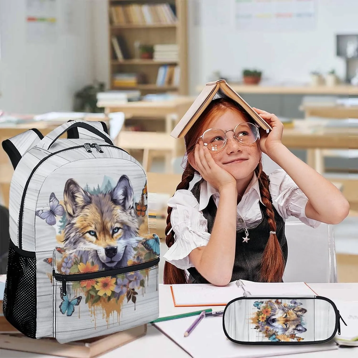 Kids Backpack with Lunch Box Set for Boys Girls, Set of 3 Wolf School Backpacks Matching Combo, White Aesthetic Bookbag and Pencil Case Bundle, Back to School Supplies Gifts