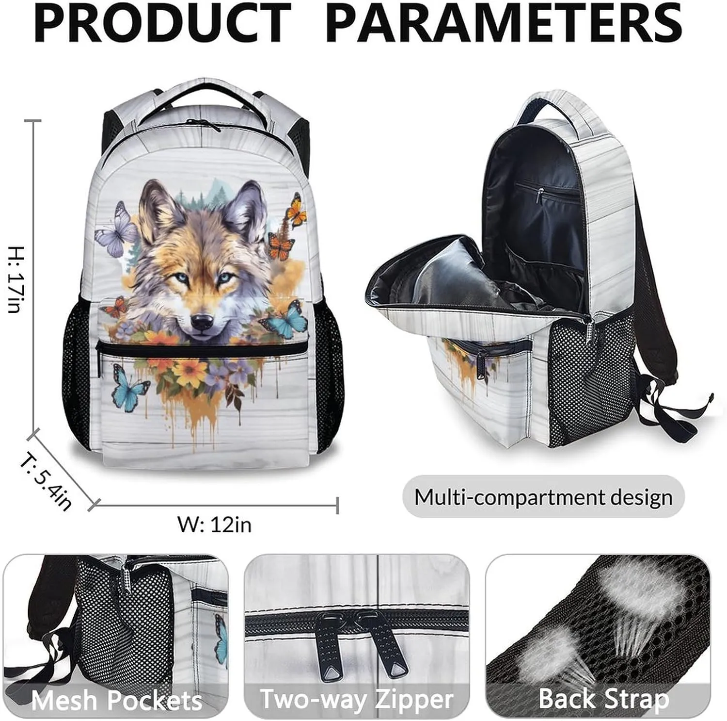 Kids Backpack with Lunch Box Set for Boys Girls, Set of 3 Wolf School Backpacks Matching Combo, White Aesthetic Bookbag and Pencil Case Bundle, Back to School Supplies Gifts