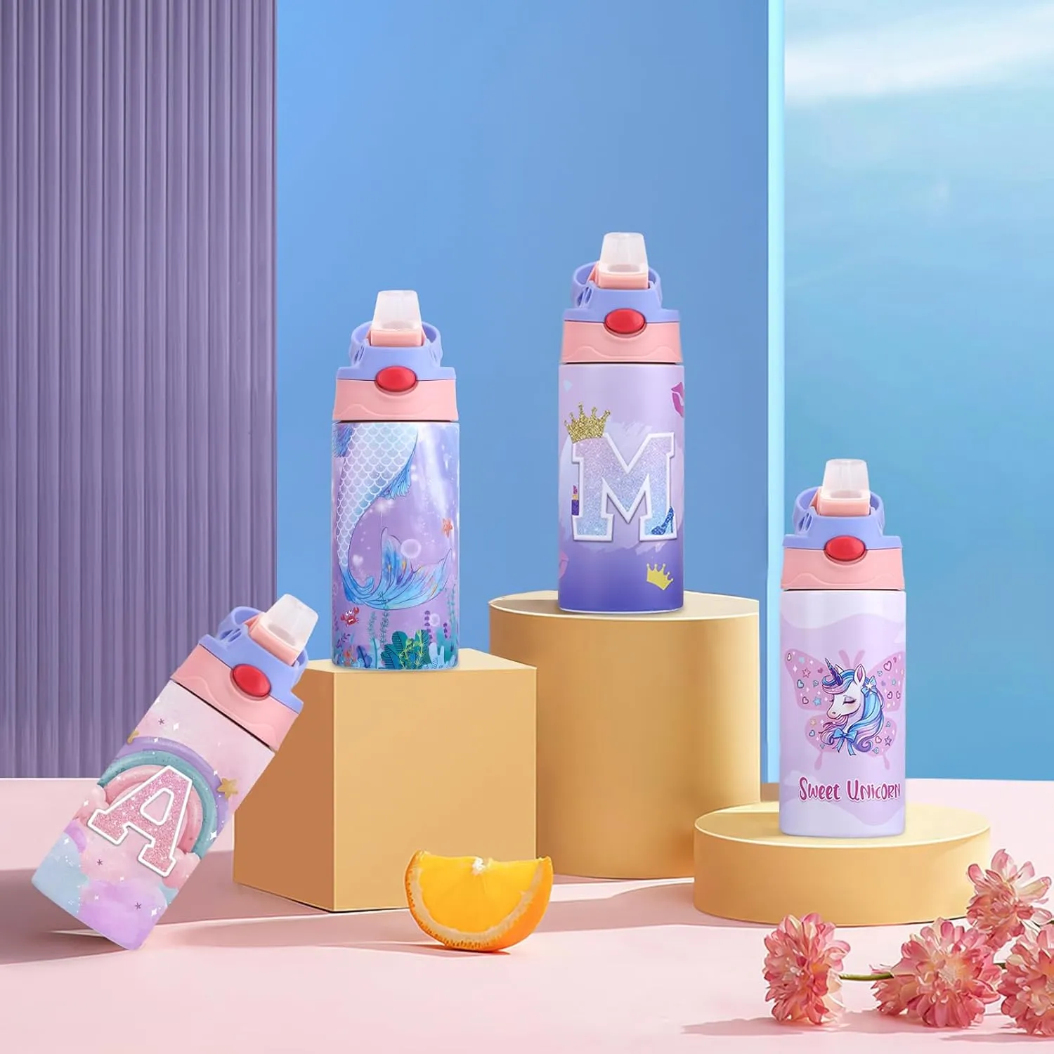 Kids Insulated Water Bottle, 12.6 oz Stainless Steel Water Bottle, Double Wall Toddler Water Bottle, Water Bottles for Kids BPA-Free for School Boys Girls (1PCS purple mermaid), 360ml