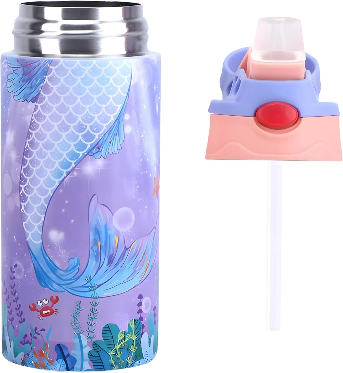 Kids Insulated Water Bottle, 12.6 oz Stainless Steel Water Bottle, Double Wall Toddler Water Bottle, Water Bottles for Kids BPA-Free for School Boys Girls (1PCS purple mermaid), 360ml