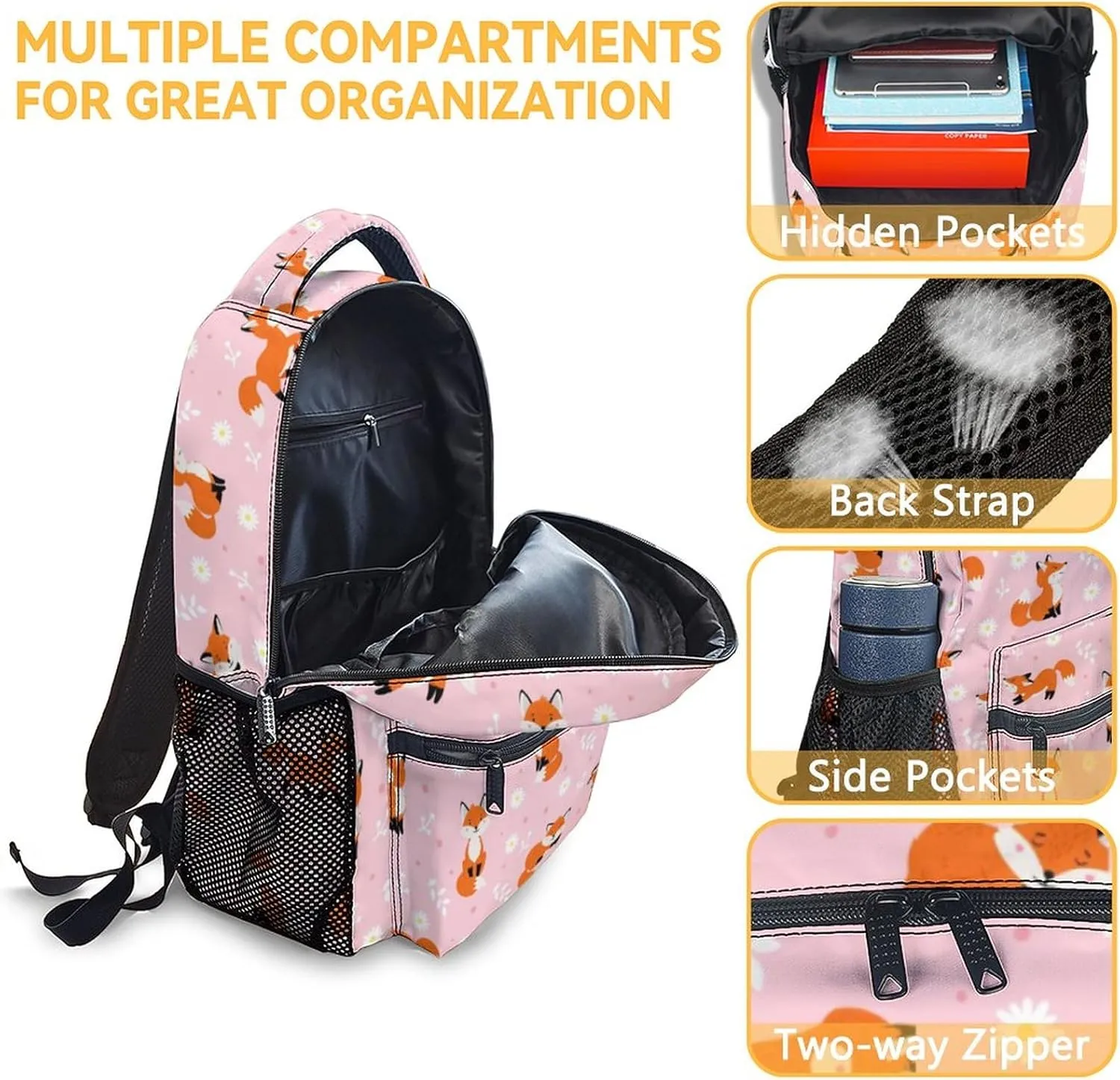 Kids School Backpack for Girls, 16" Fox Backpacks for School, Cute Pattern Pink Back to School Bookbag for Middle School