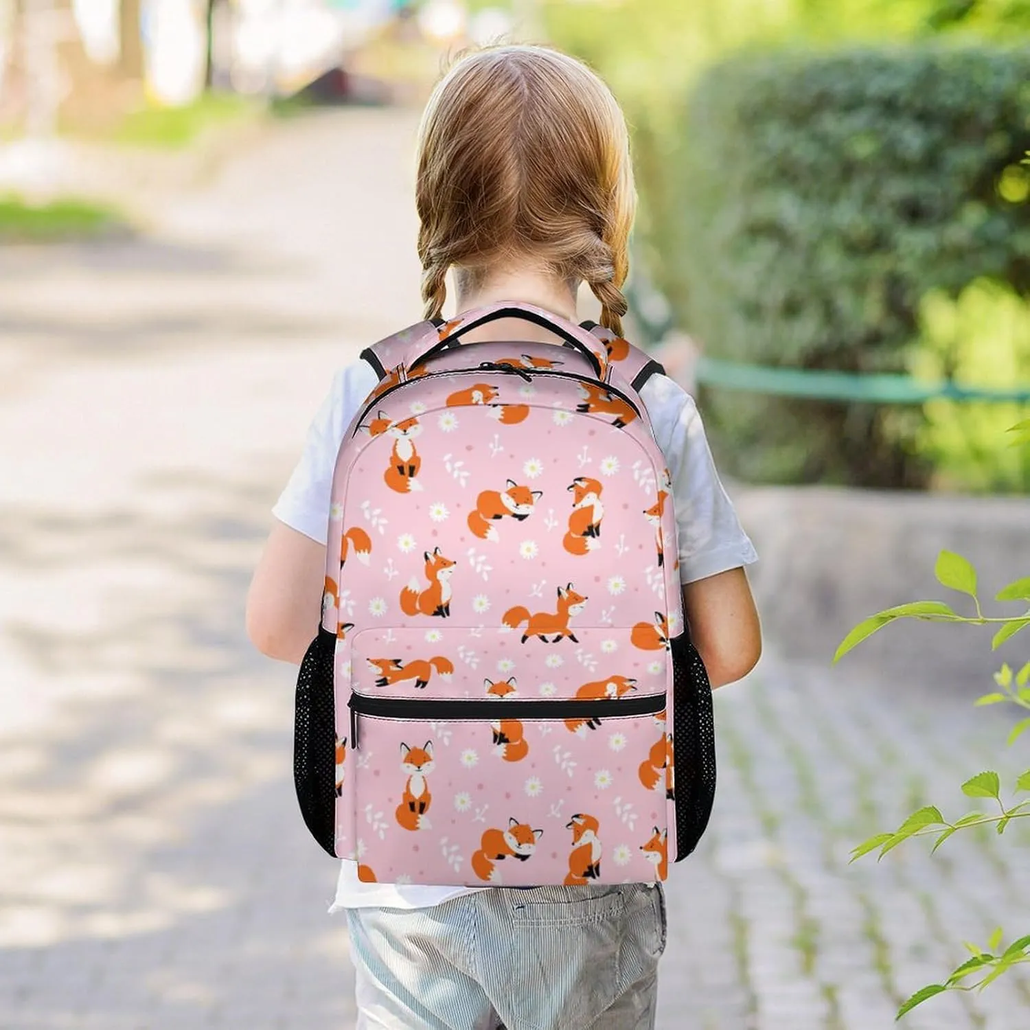 Kids School Backpack for Girls, 16" Fox Backpacks for School, Cute Pattern Pink Back to School Bookbag for Middle School