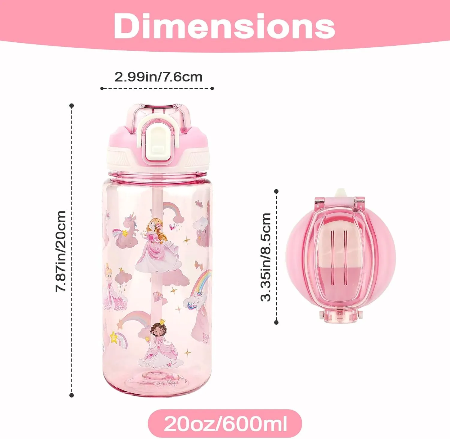 Kids Water Bottle for School or Travel, 20 Oz 2 Pack Durable Plastic Water Bottle with Silicone Straw and Pop-Up Spout Cover, BPA Free & Dishwasher Safe(Mermaid & Princess)